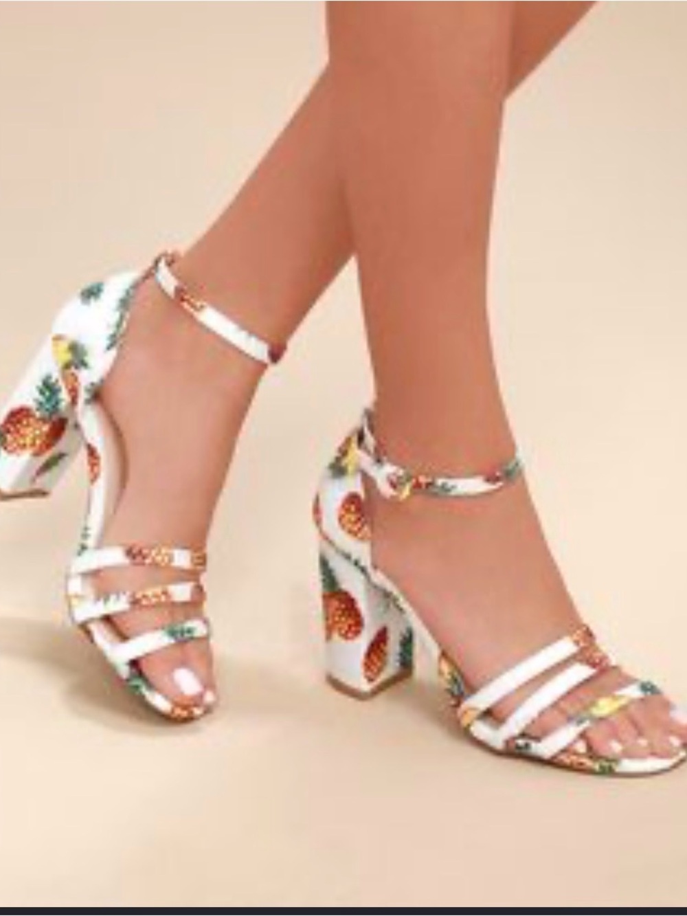 Qupid Pineapple Print Ankle Strap Heels in White and Yellow